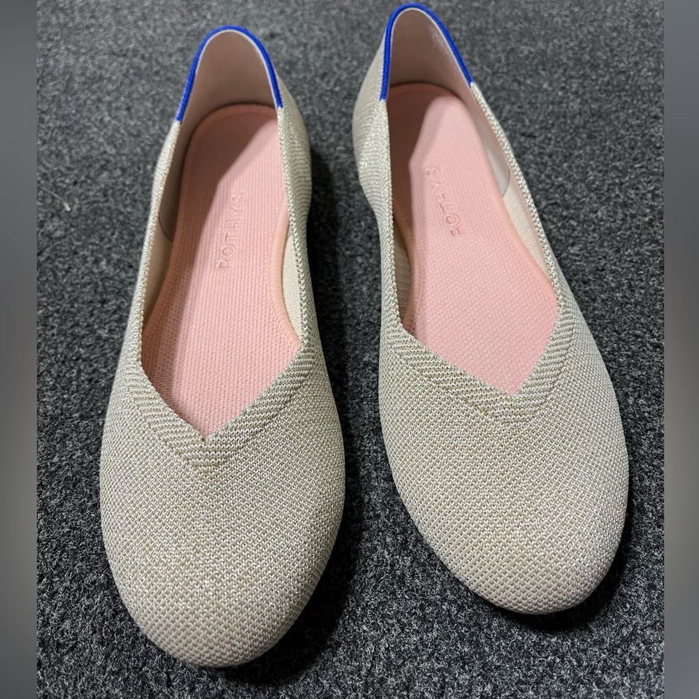 Rothy's Beige Knit Flats with Pink Insole and Blue Heel Trim